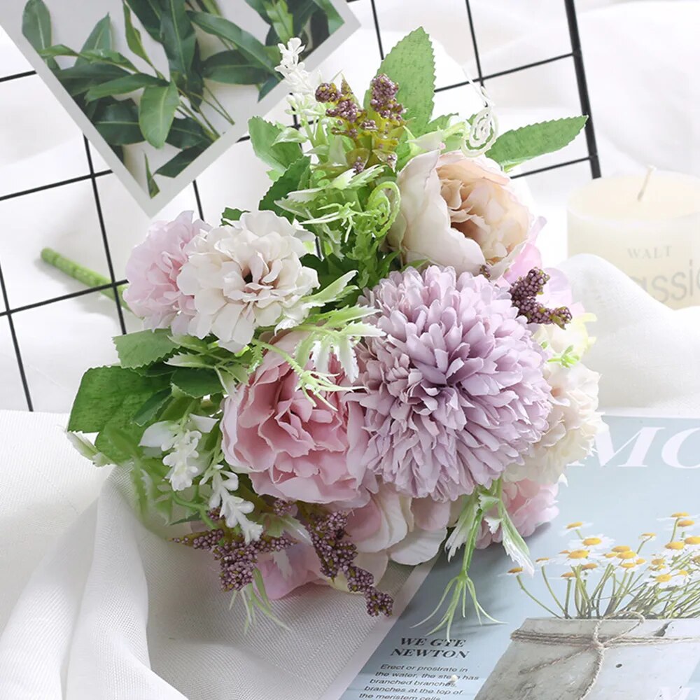 Bouquet mixte de pivoines et hortensias artificiels